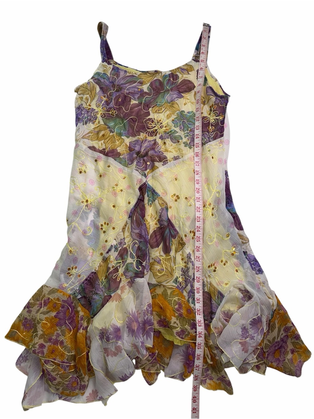 Vintage Sherly Y2K Fairy Dress Floral Chiffon
Handkerchief Hem Gold Embroidery M - Picture 7 of 10